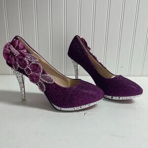 BNHH 9.5 (41) purple silver high heeled shoe bridal rose glitter pump formal